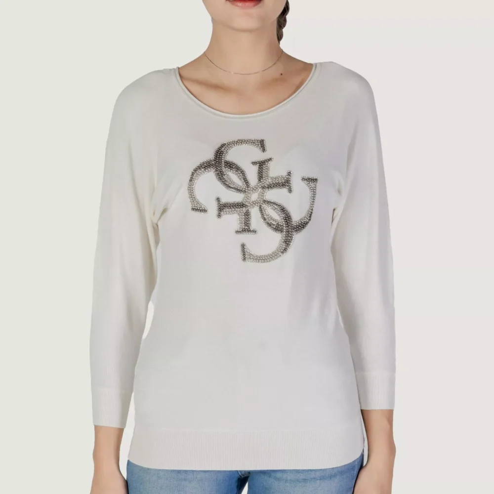 Guess Women's White Knitwear with Long Sleeves and Round Neck