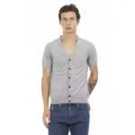 Baldinini Trend Gray V-Neck Short Sleeve Cotton Sweater for Men