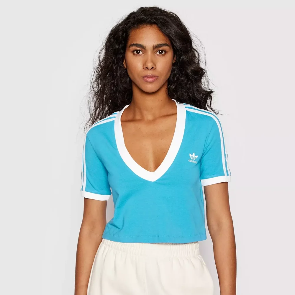 Adidas Women’s Light Blue V-Neck T-Shirt for Spring/Summer